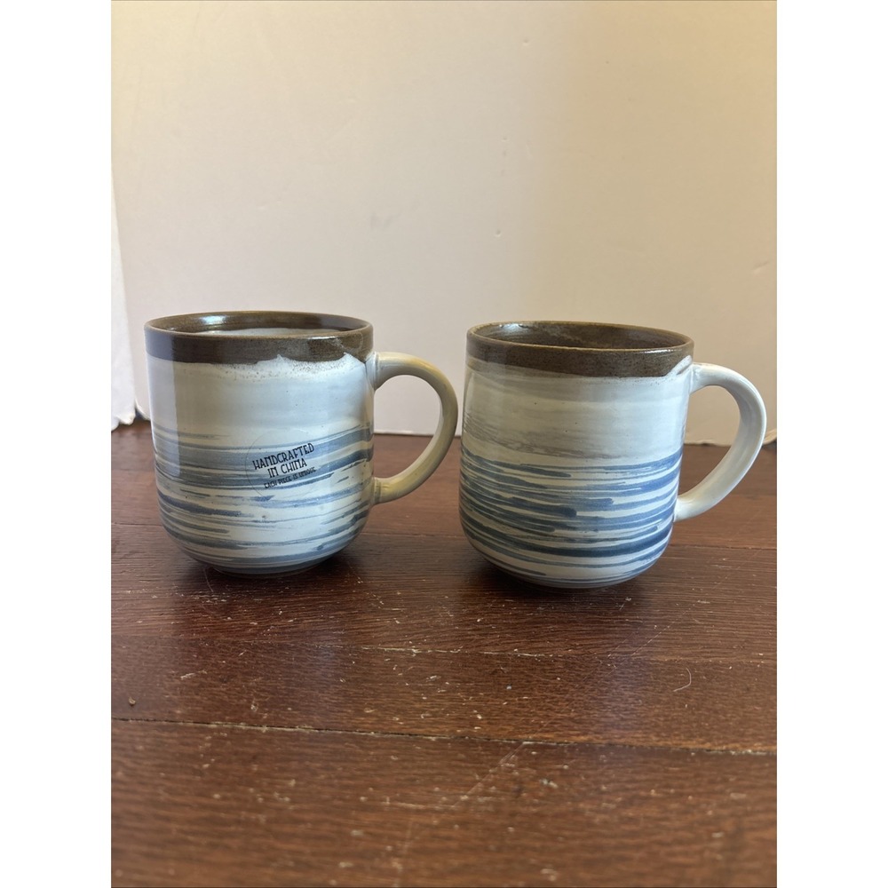 Dash Of That Pottery Blue Brown Lines Stripes Tracey Coffee Mug Cup Set Of 2 New